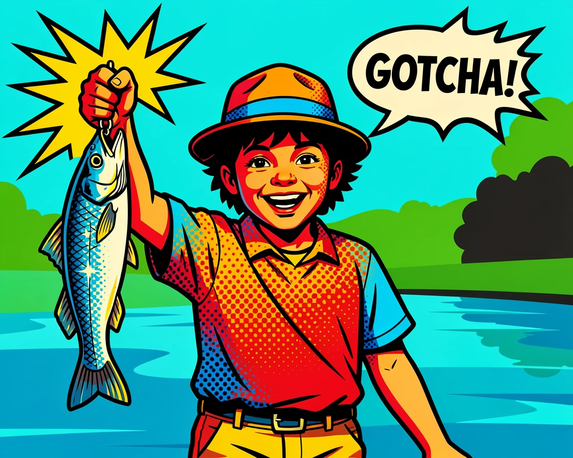 A child proudly holding up a freshly caught fish by a lake