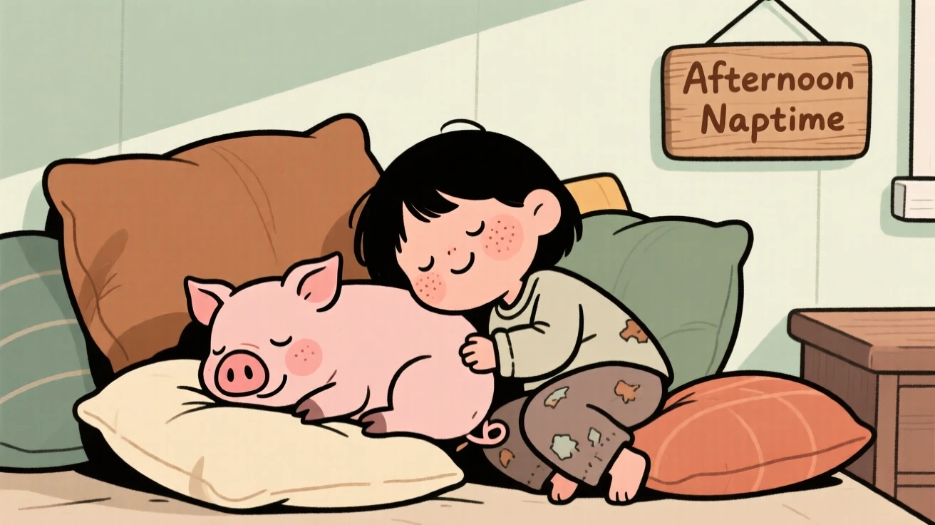 A piglet curls up beside a sleeping child on a pile of cushions, both worn out after an afternoon of chasing each other around the yard.