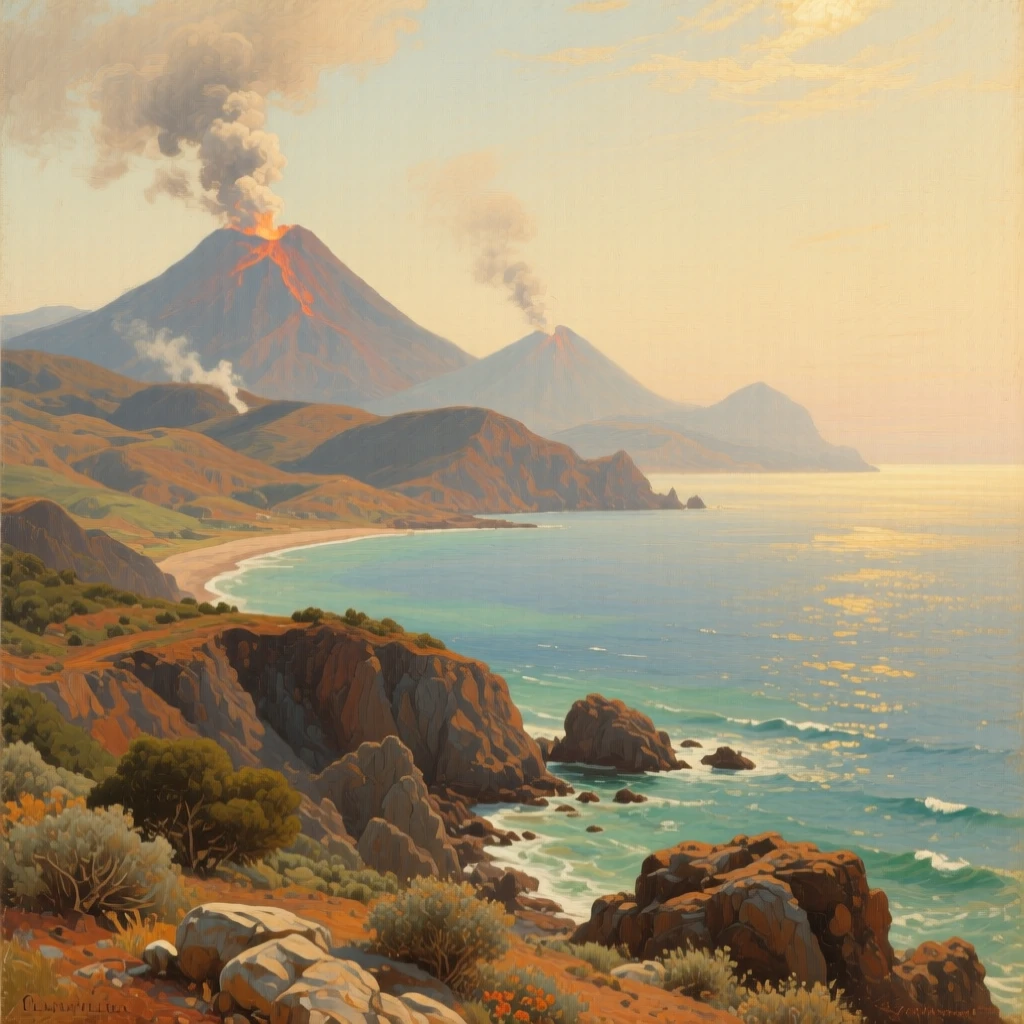 A wide establishing shot of a volcanic landscape with steam rising from distant peaks, on the coast of Provence, in the early 1900s.