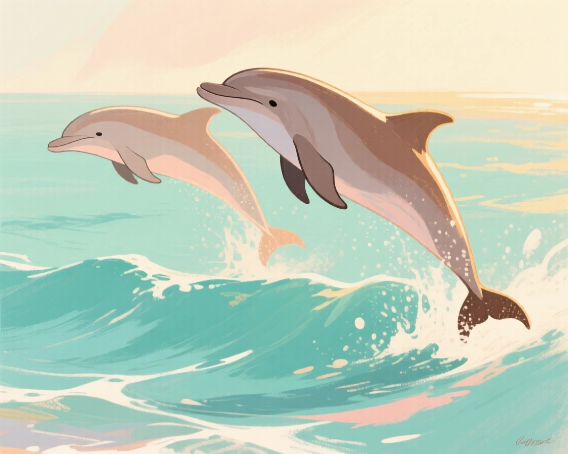 A pod of dolphins leaping through calm turquoise waves