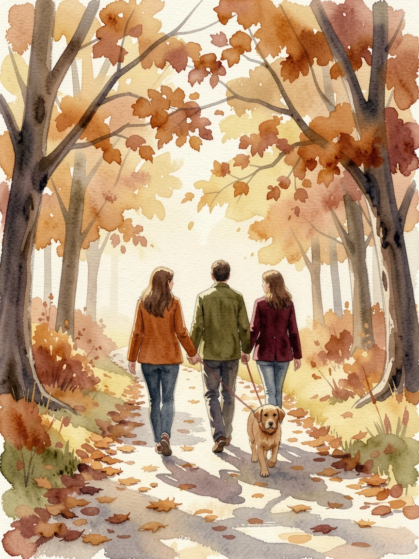 A family walking their dog along a autumn path in a moment of quiet togetherness.