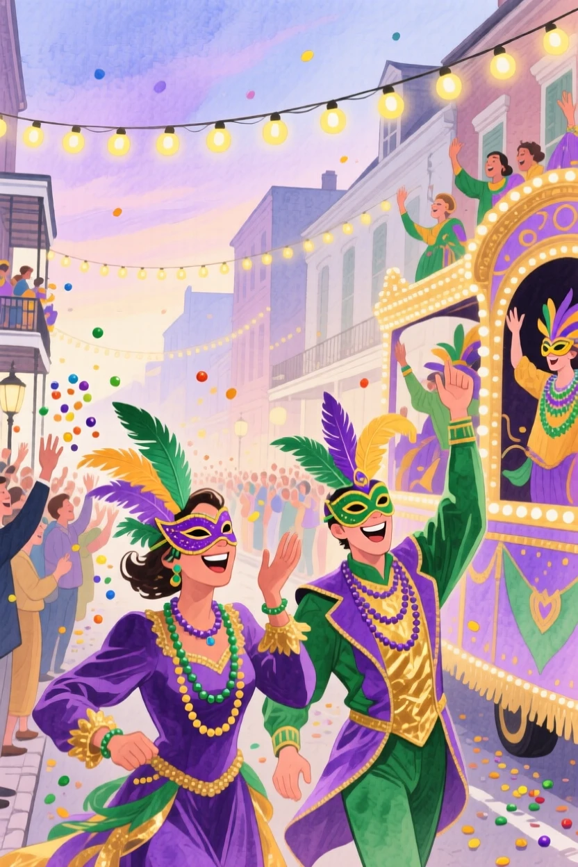 A joyful scene of a Mardi Gras street parade, decorated with twinkling string lights, capturing the warmth of the celebration