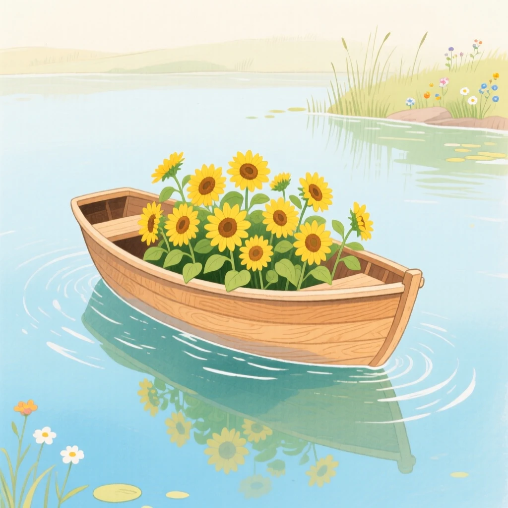 A wooden rowboat filled with sunflowers drifting on a calm pond.