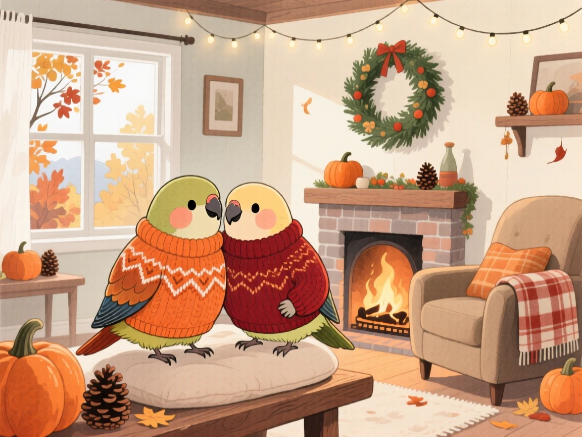 A pair of lovebirds wearing a tiny knitted sweater on a crisp autumn day, set in a snug living room decorated for the holidays, capturing a fleeting moment of quiet contentment.