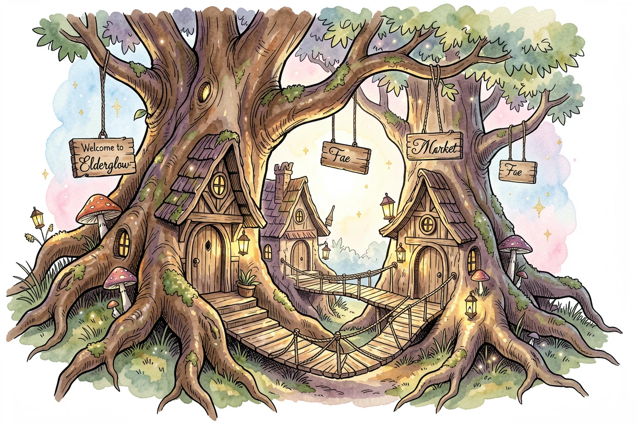A hidden fae village built into the roots of an ancient tree, a soft magical glow illuminating the entire scene.