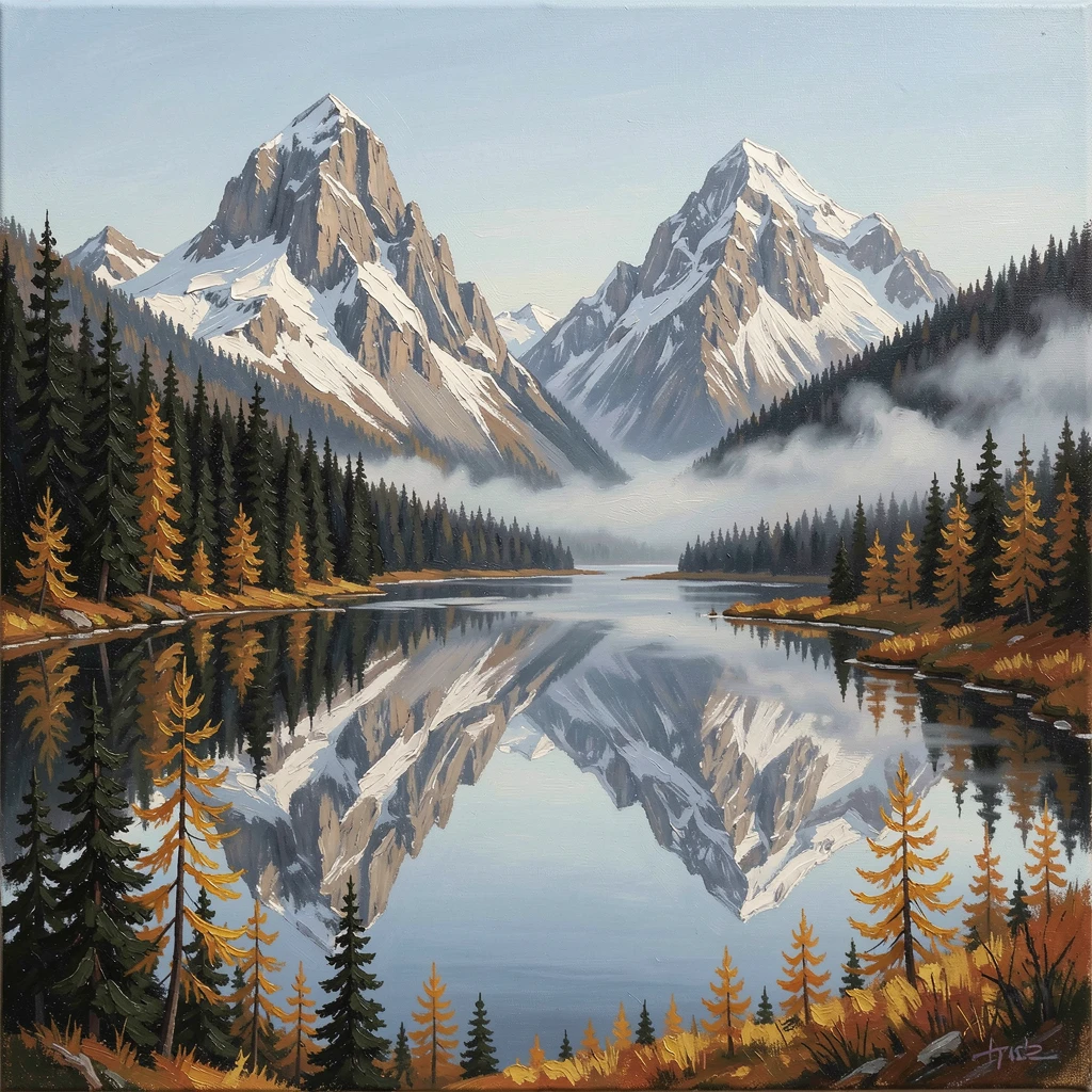 Twin peaks reflected in a still glacial tarn, at the edge of a dark pine forest, morning mist pooling in the valley far below, on a crisp autumn morning with golden larches far below.