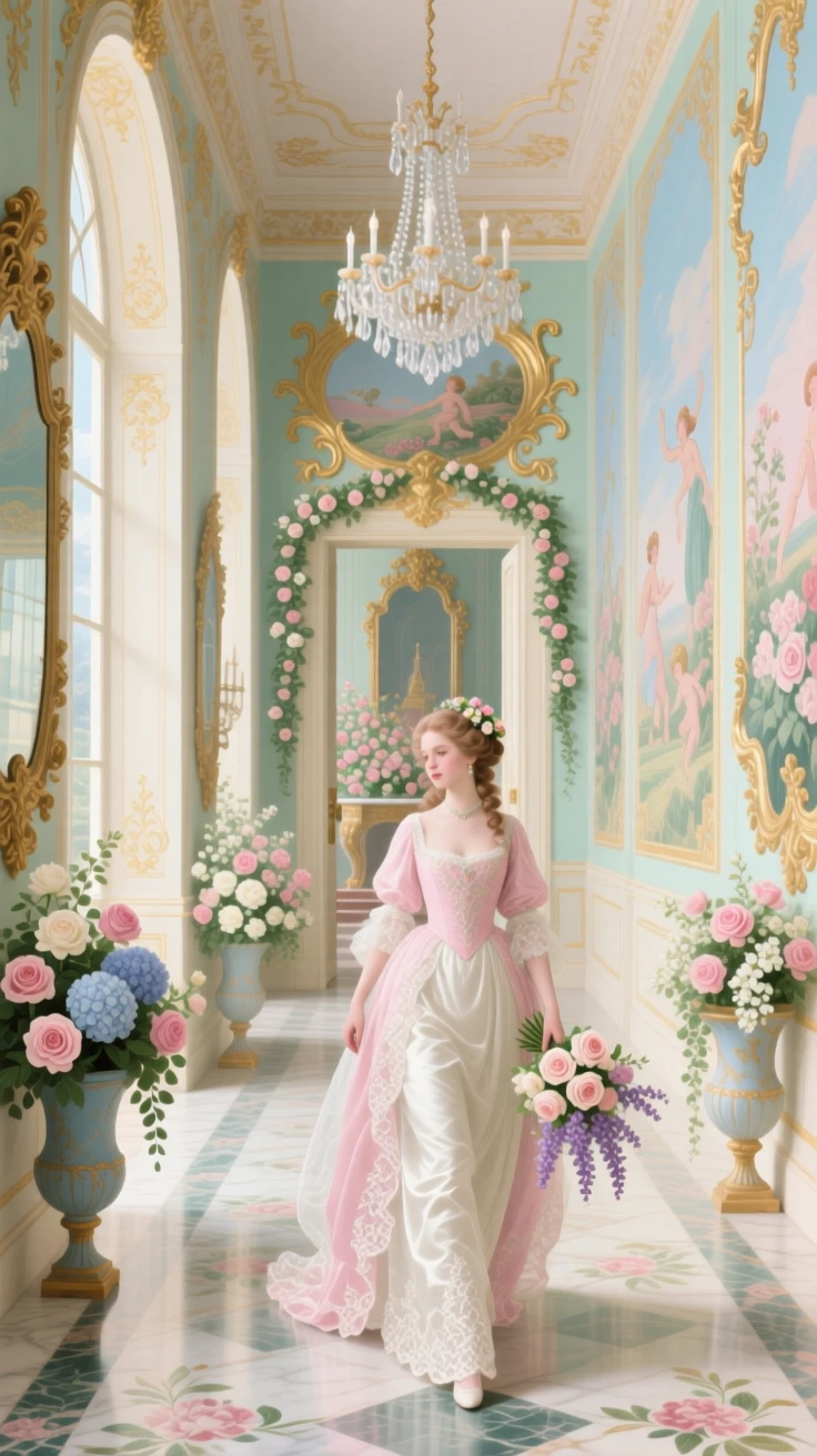 A bride walking through a palace corridor toward a flower-filled chapel  