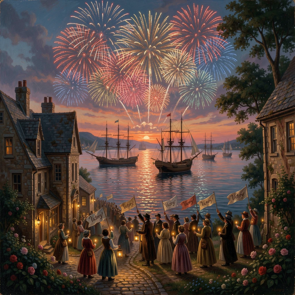 An old town celebrates a victory with fireworks over the harbor.