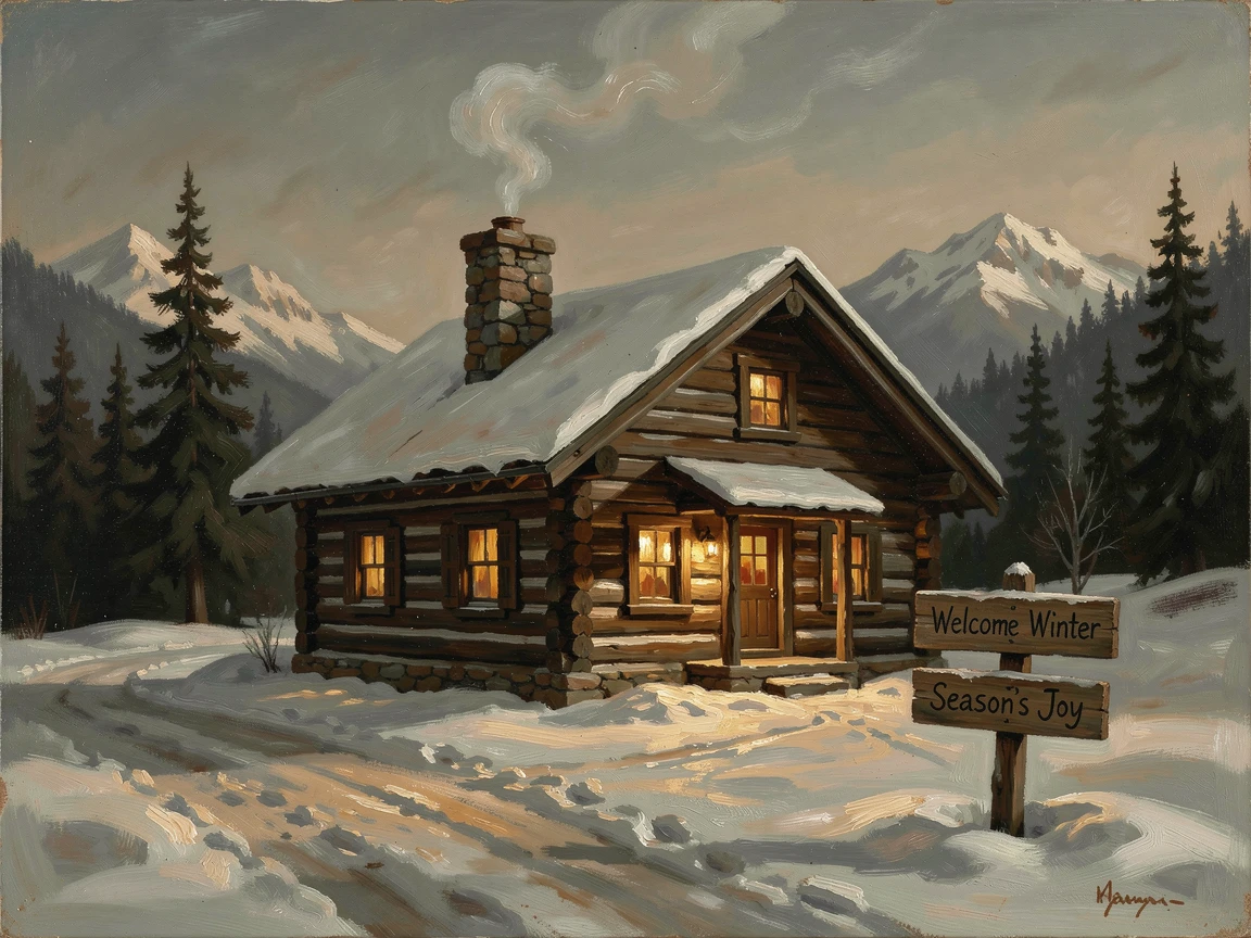 A snow-covered mountain cabin with smoke curling from its chimney at dusk, with warm, inviting light glowing throughout the scene, offering a joyful, memorable seasonal scene for any collection