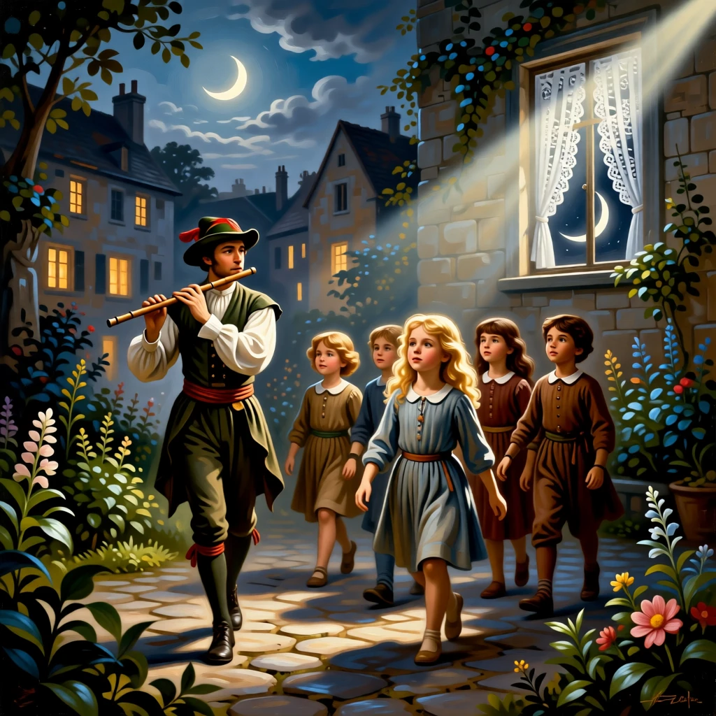 The pied piper leading enchanted children through a village square at the exact moment magic and reality intertwine, set within a moonlit garden fit for legend, with a crescent moon rising behind delicate lace curtains; a diagonal beam of moonlight highlights the pivotal narrative moment, filled with romance, imagination, and quiet drama.