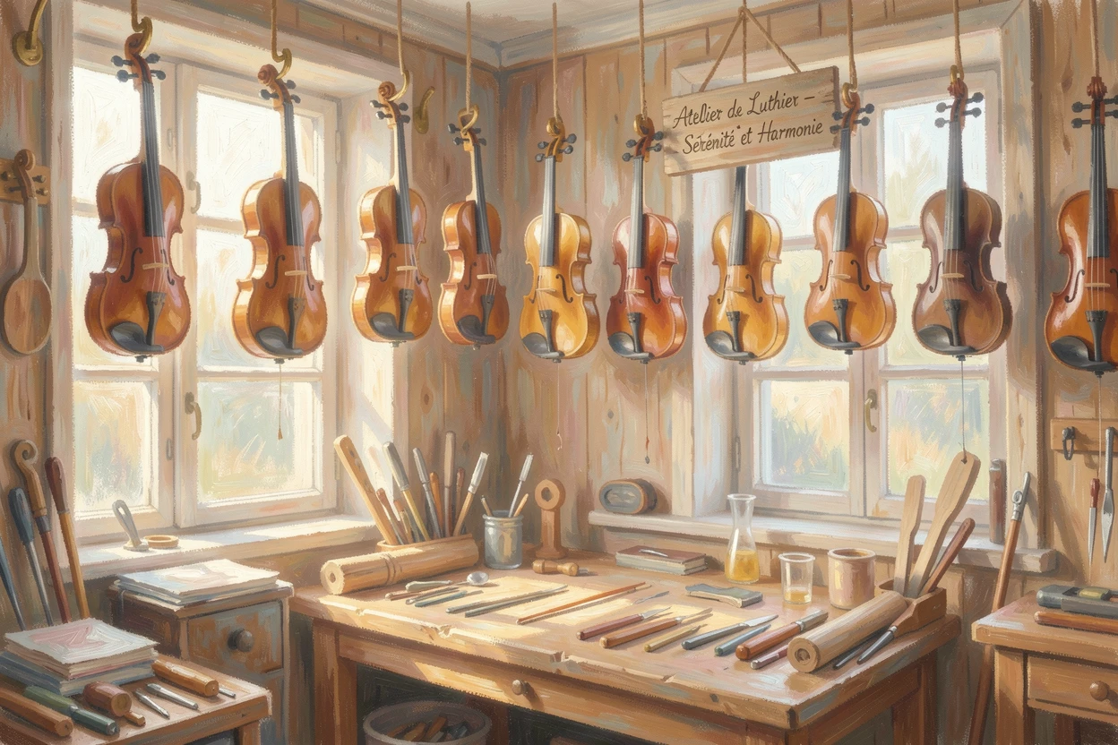 A quiet violin maker's workshop lined with instruments hanging from the ceiling on brass hooks, in the gentle hush of early morning, radiating serenity and gentle stillness.