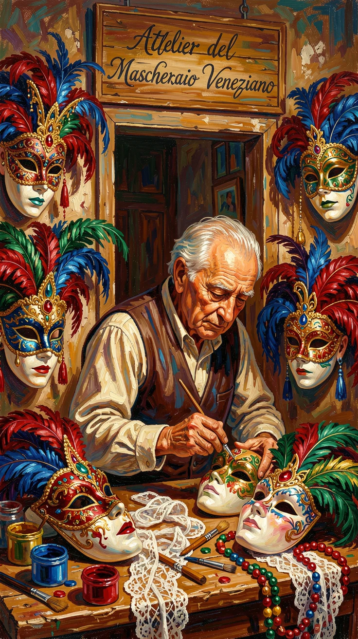 A traditional Venetian mask maker's workshop filled with elaborate carnival masks.