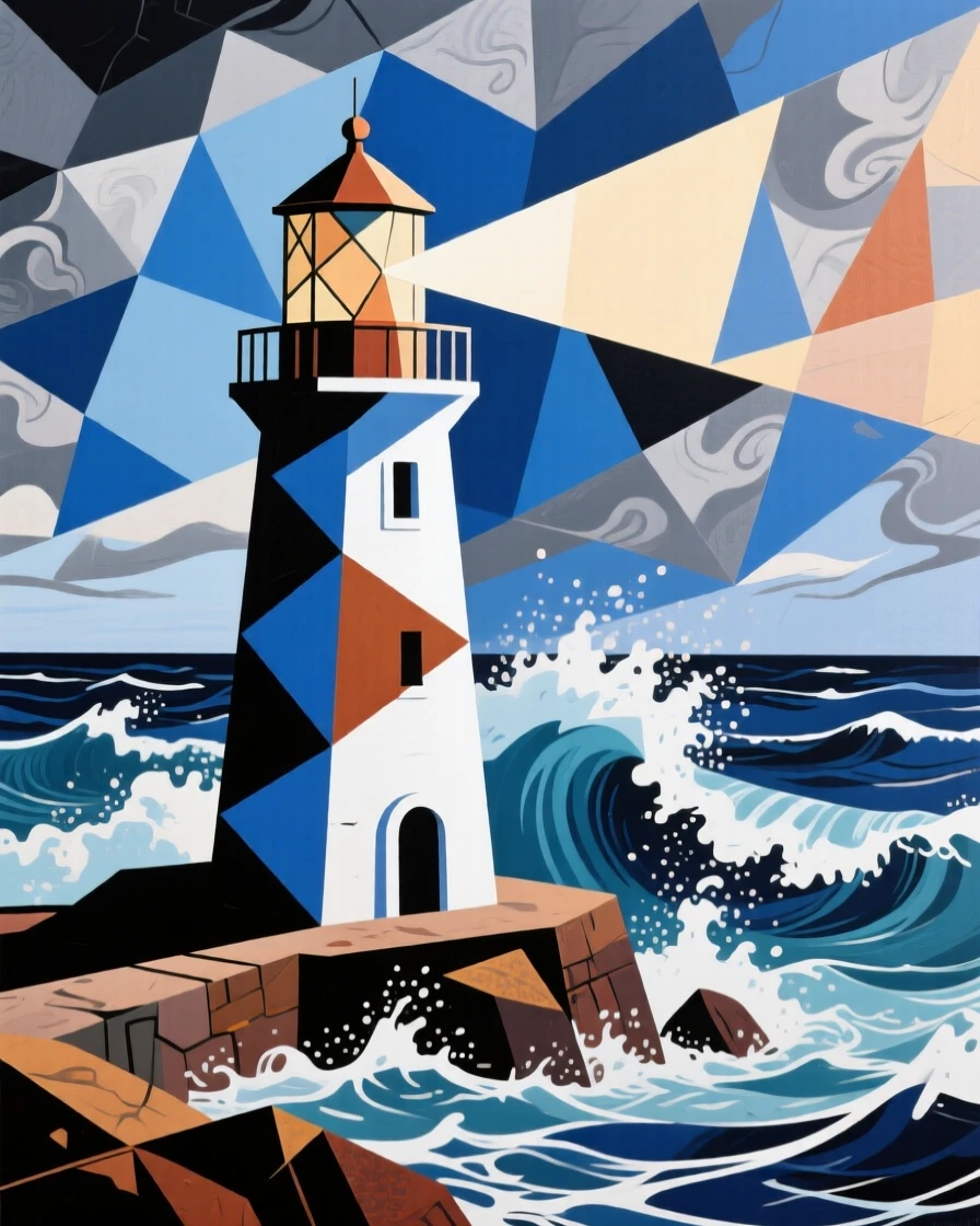 A dramatic atmospheric view of a coastal lighthouse standing firm against crashing waves.