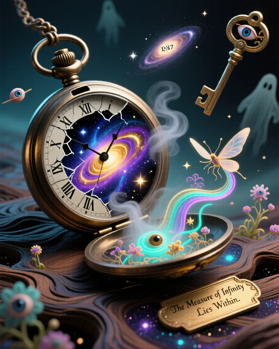 A tiny universe swirling inside an antique pocket watch hums quietly with a life entirely its own, as a soft hum of unseen life drifts outward.