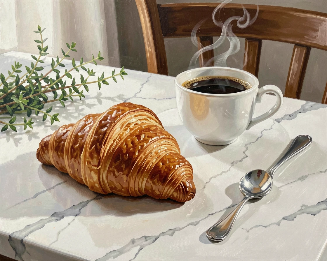 A decadent croissant sits freshly baked on a marble counter, golden flaky layers catching morning light beside a cup of espresso, the surrounding table setting adding context and warmth to the overall presentation.