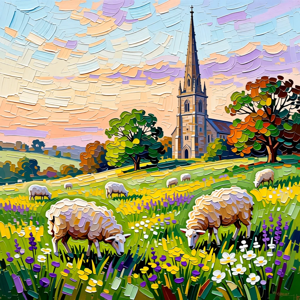 A quiet English countryside meadow dotted with grazing sheep and a distant church spire