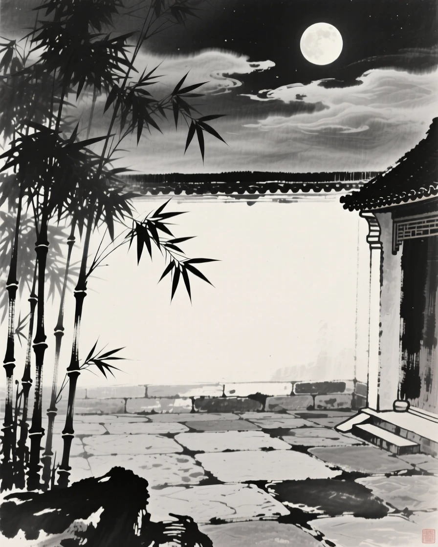Moonlight filters through bamboo leaves onto a quiet stone courtyard, with clouds drifting slowly across the night sky.