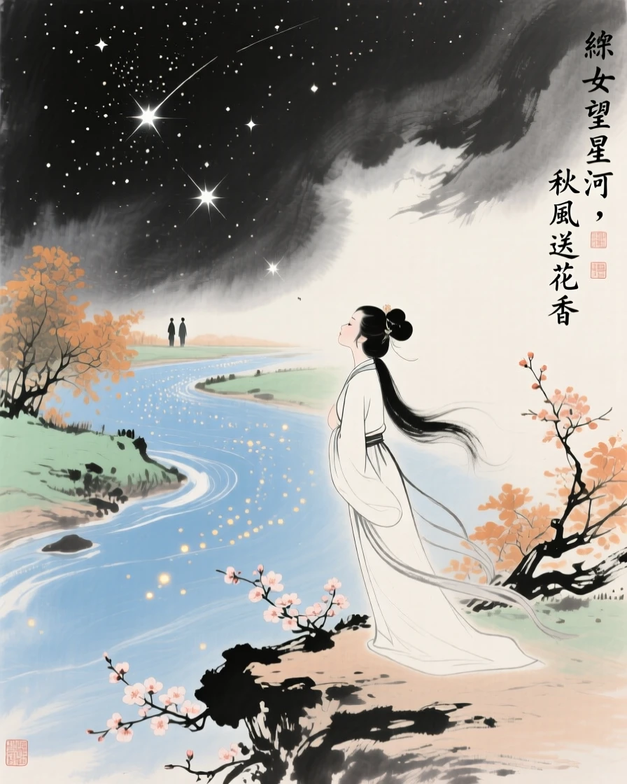 The weaver girl gazing across a river of stars toward her distant love, at the turn of autumn, in a warm breeze carrying the scent of blossoms.