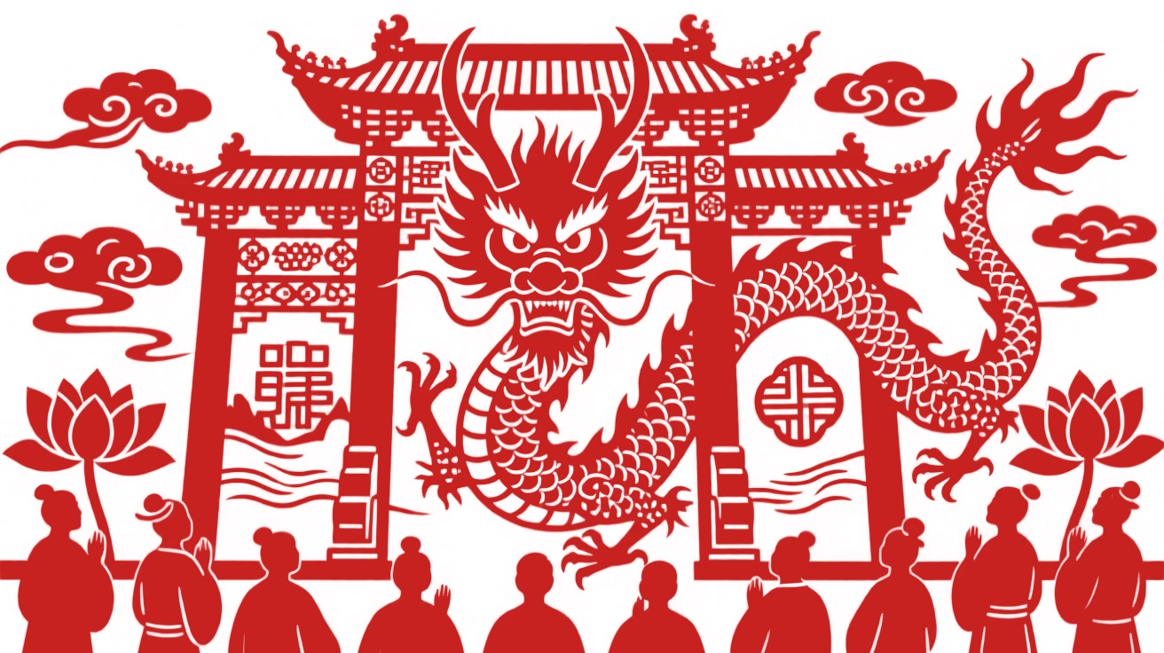 A river dragon king, guarding the gate of a hidden mountain temple, as mortal onlookers watch in awe from below.