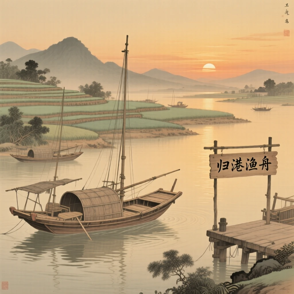 A quiet harbor at dusk with fishing boats returning home, soft golden light spilling across the terraced fields