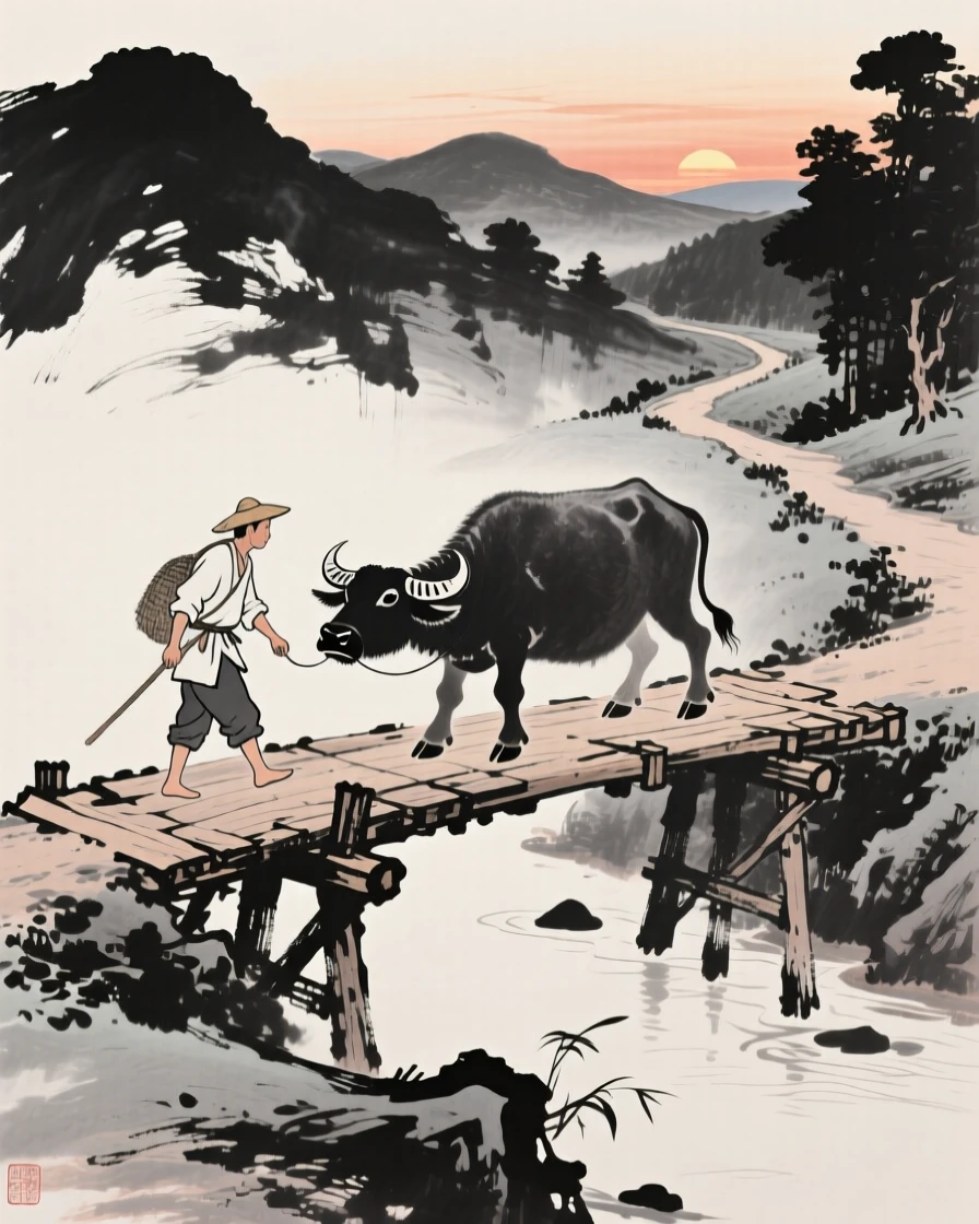 A farmer and his ox crossing an old wooden bridge at dusk along a quiet mountain trail, captured mid-gesture in a candid, natural moment, suggesting harmony between people and their surroundings.