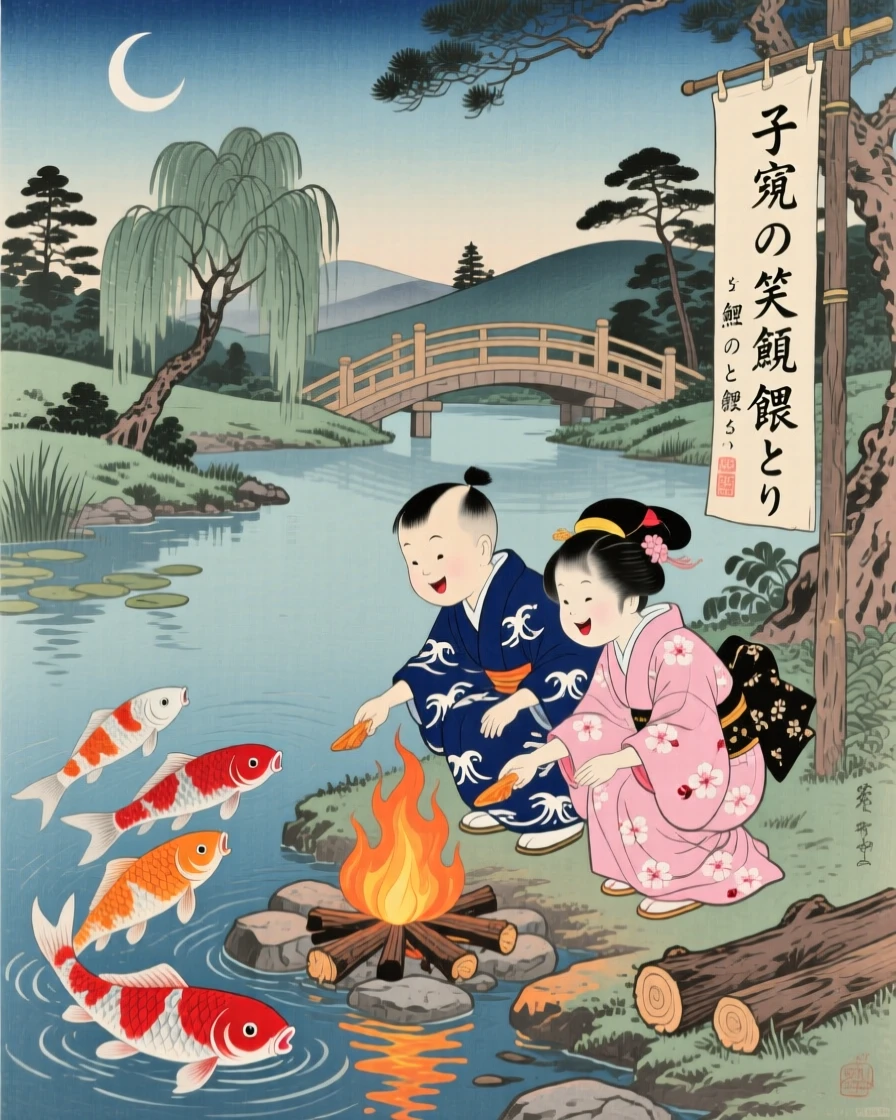 A child feeding koi laughing together around a warm campfire.