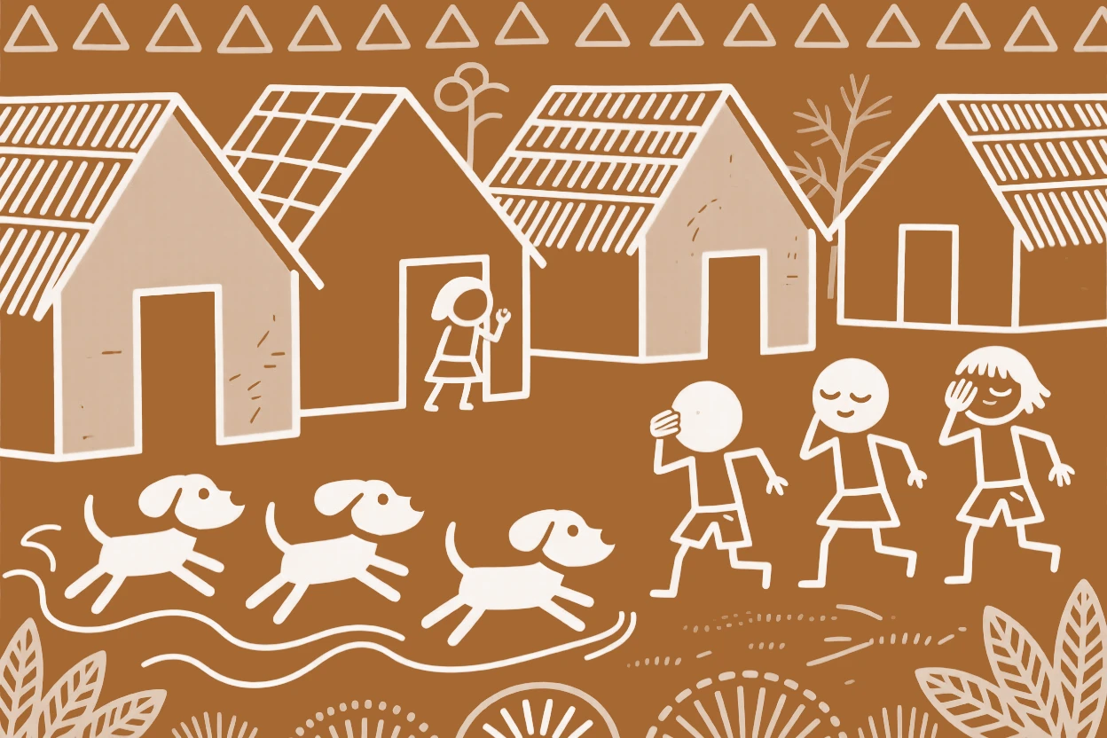 A group of playful puppies chasing children playing hide and seek behind a row of huts.