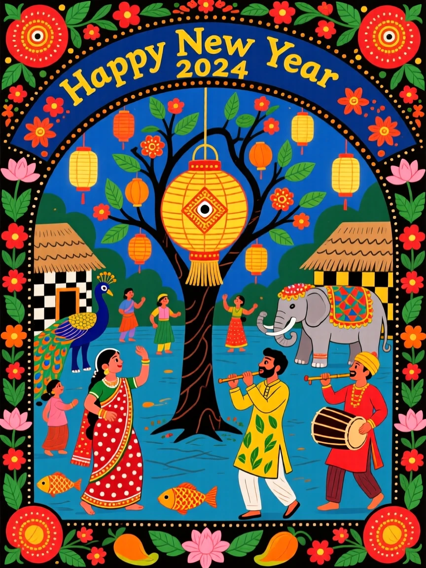A grand New Year's gathering with lanterns lighting a village square.