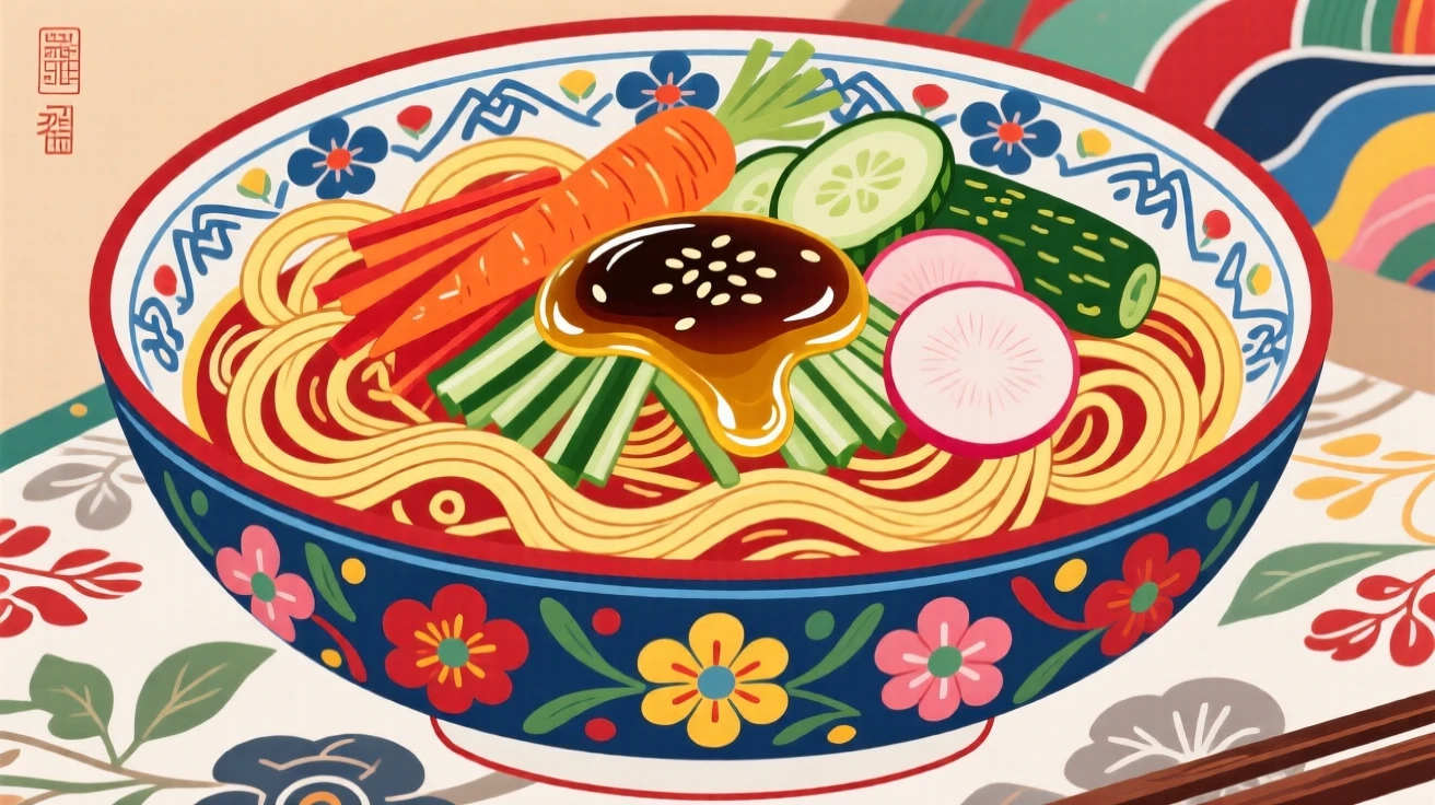 A bowl of cold noodles topped with julienned vegetables and sesame oil.