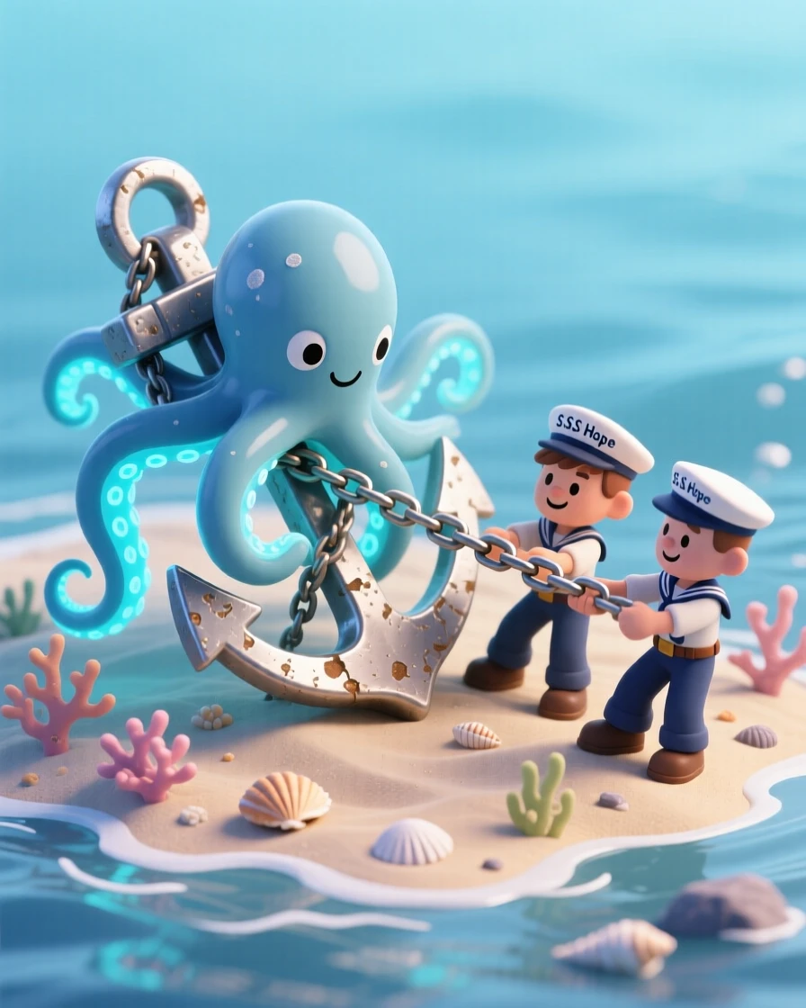A friendly kraken helping sailors retrieve a lost anchor from the ocean floor, tentacles glowing faintly blue.