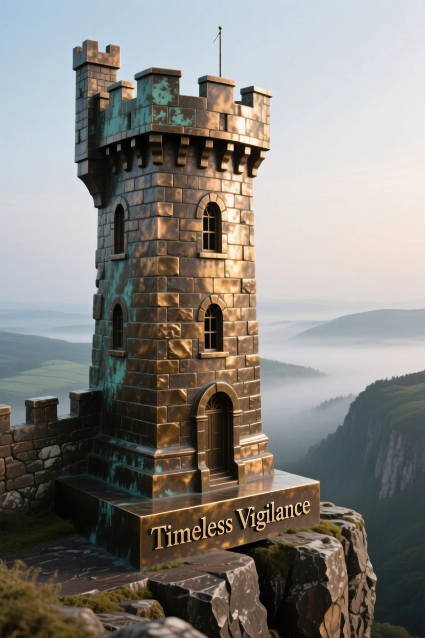 A majestic stone watchtower overlooking a misty valley, with a powerful sense of history and grandeur, exuding timeless grandeur