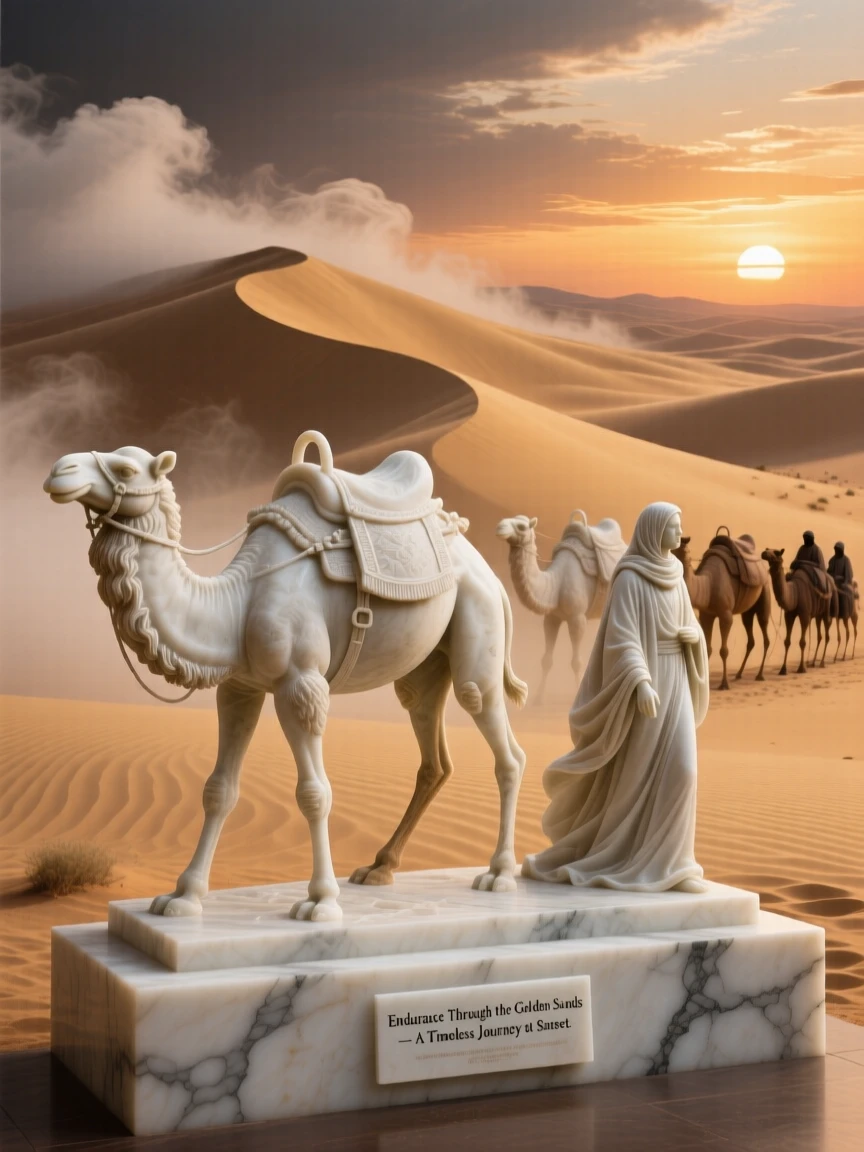 A beautifully composed image of a caravan crossing golden desert dunes at sunset, amid swirling clouds and mist, full of atmosphere and visual storytelling