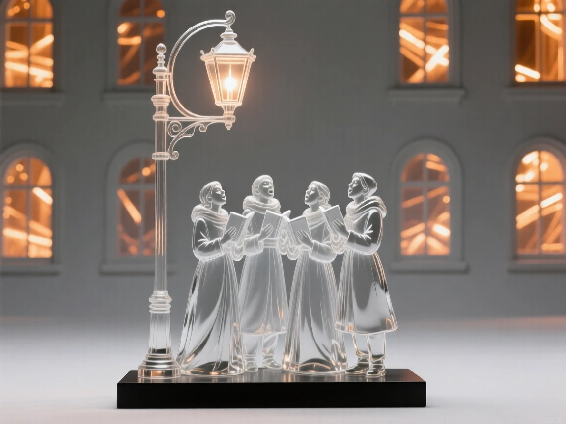 A group of carolers singing together beneath a streetlamp while warm light spills from every window nearby
