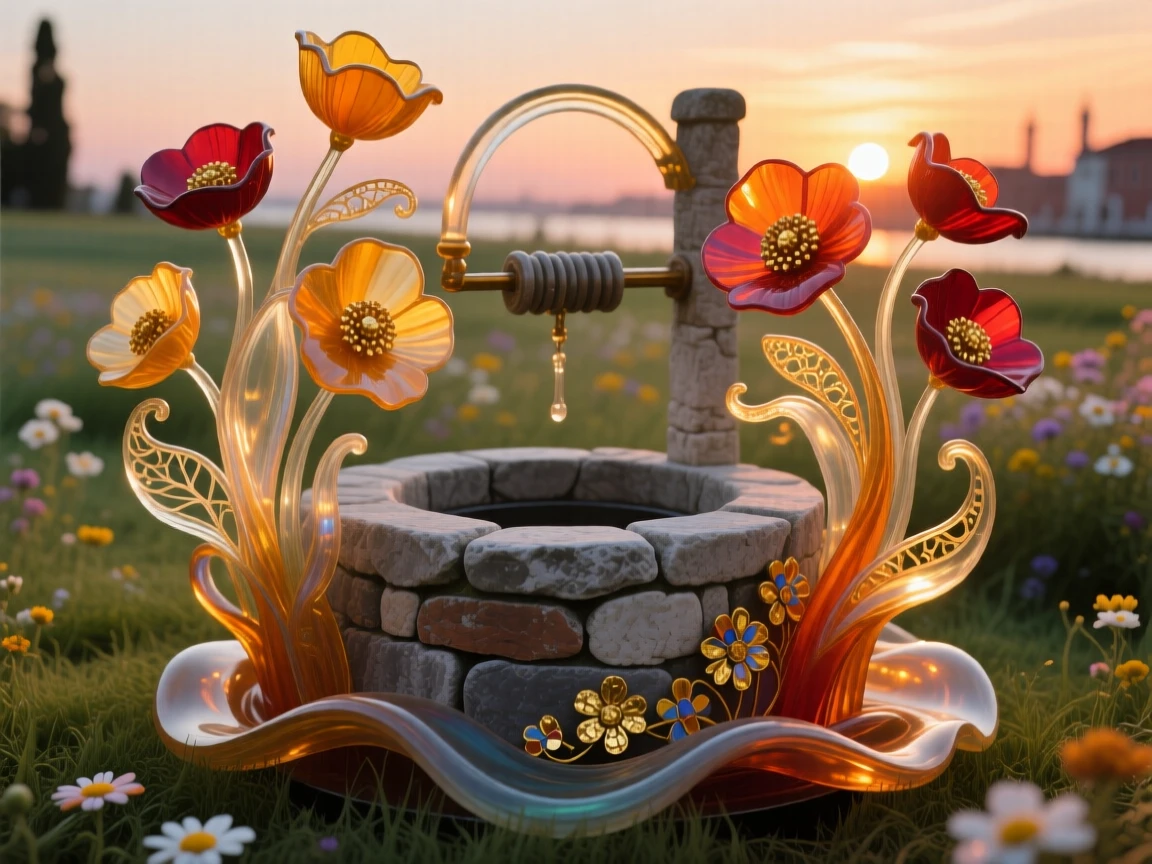 A field of blooming wildflowers surrounding an ancient stone well at sunset, idyllic and warm.