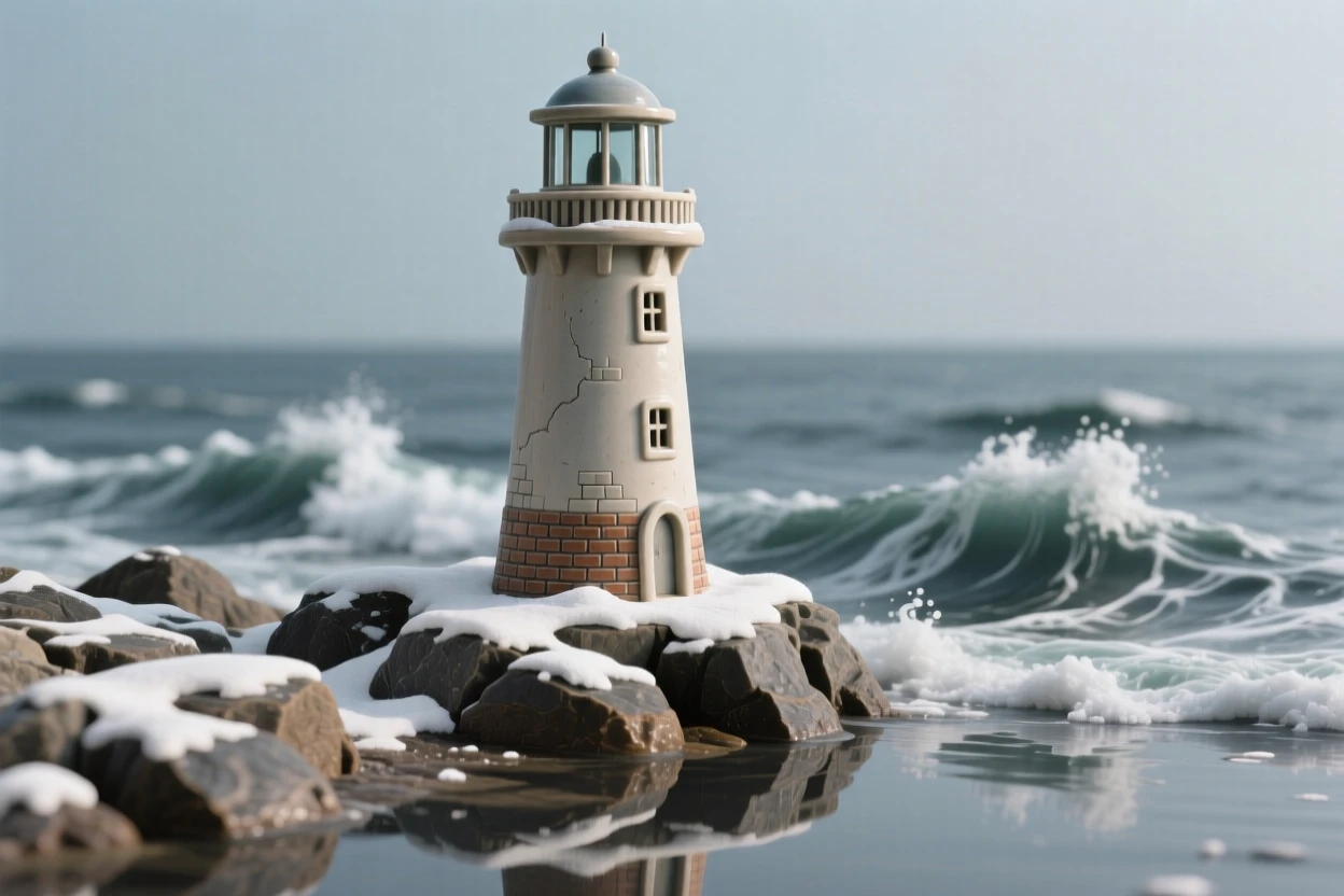 A lighthouse standing against crashing waves reflected in the still waters below, dusted lightly with fresh snow, stirring a sense of history and enduring beauty.