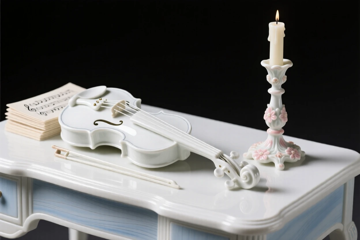 A refined still-life arrangement of a violin resting beside sheet music on an antique writing desk, a single candle casting gentle shadows.