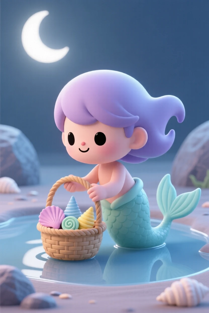 A curious mermaid child collects colorful seashells in a woven basket along a moonlit tide pool.