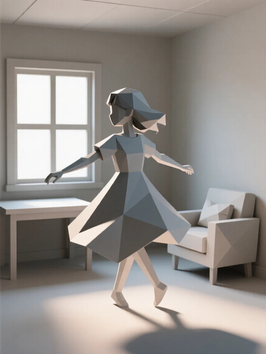 A young girl twirling in a flowing dress, in a softly lit cozy room. natural light enhances the authenticity of the scene. The scene radiates pure joy.