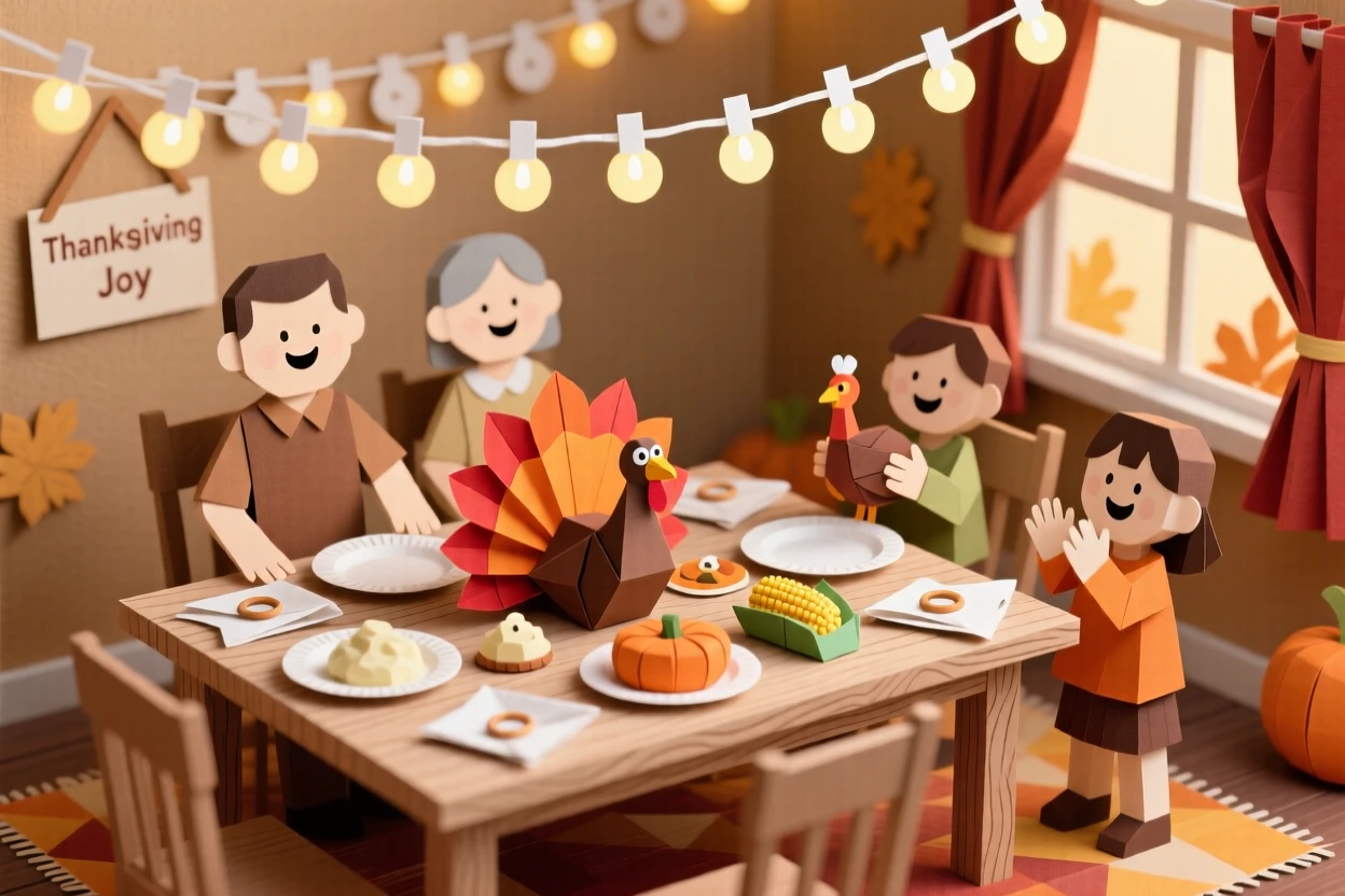 A festive Thanksgiving family table decorated with warm twinkling lights, with children laughing and playing nearby, evoking festive warmth and joy.