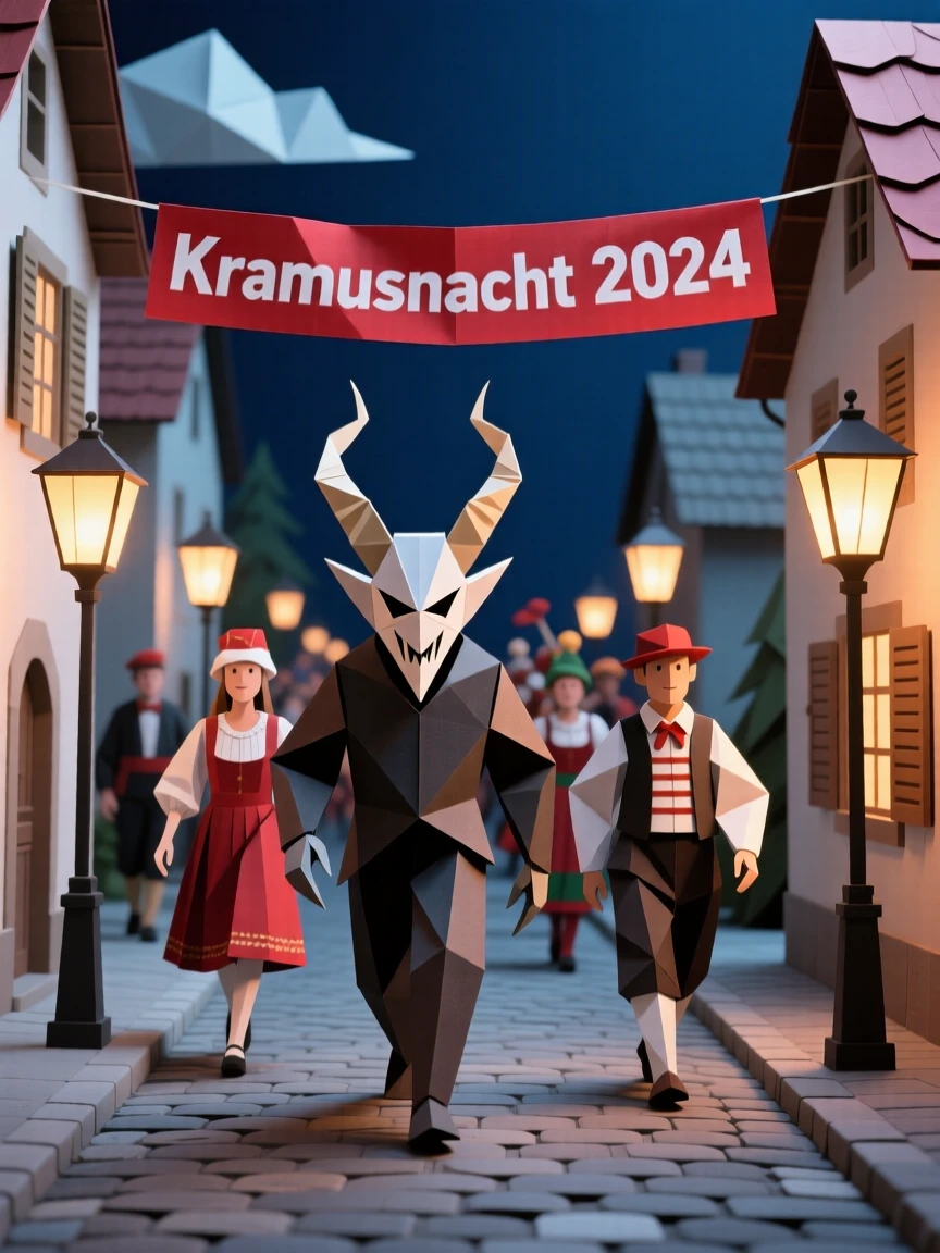 A Bavarian Christmas Krampusnacht parade scene with lantern-lit streets and costumed figures.
