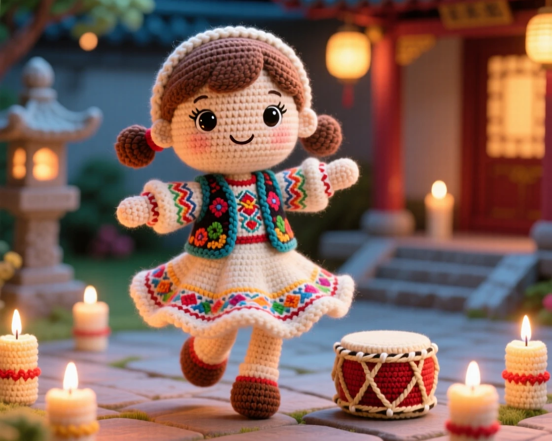 a little girl wearing a traditional embroidered vest, for a folk dance celebration, is shown spinning gracefully in a circle in a quiet temple courtyard glowing with candlelight beside a small drum resting nearby, capturing bright, celebratory warmth.