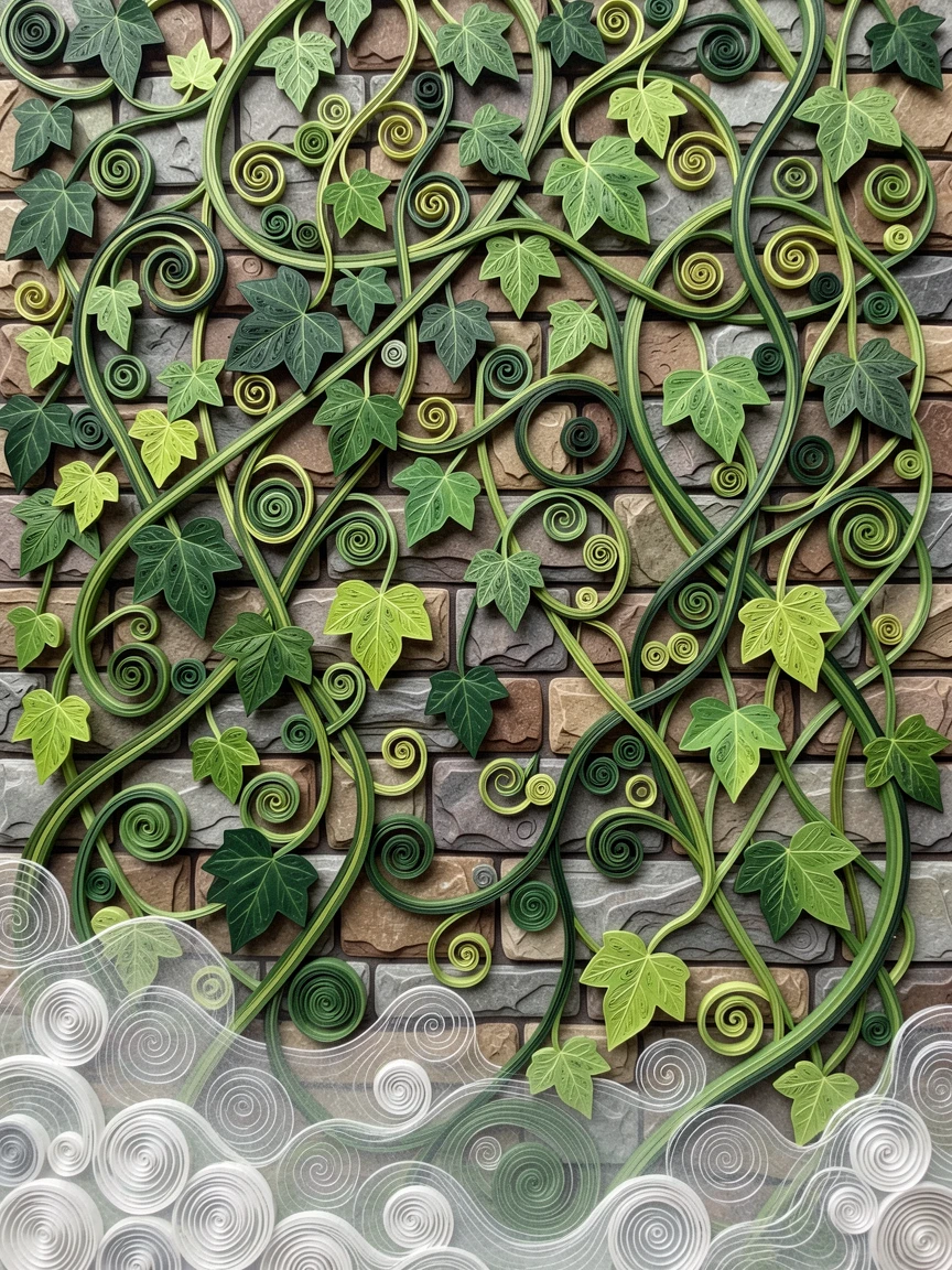 a tangle of wild ivy climbing a stone wall, in a botanical garden conservatory, spread across the frame in a lush, full composition, under a light mist rising from the ground.