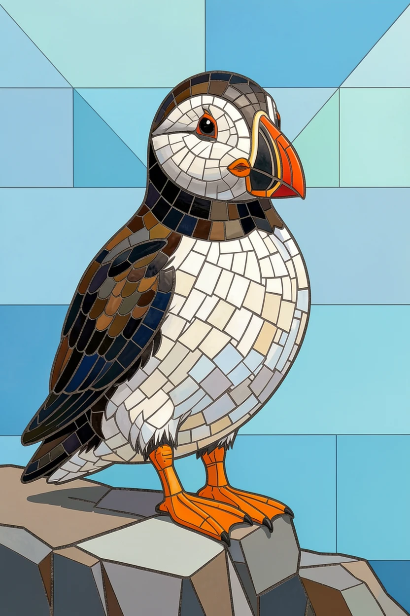 A close-up portrait of a puffin perched on a rocky coastal cliff, showing rich fur or feather detail and expressive eyes.