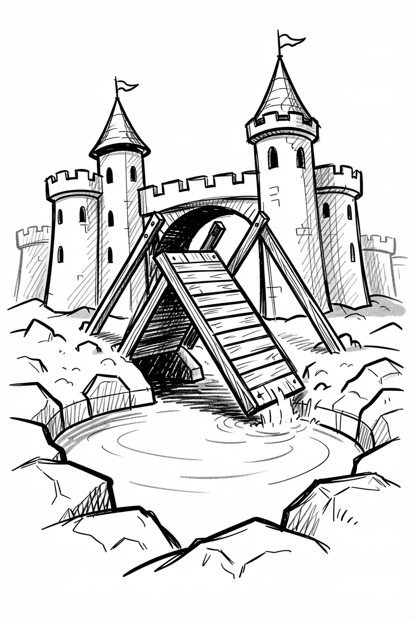 A castle drawbridge lowering over a moat on a rocky shoreline at low tide.