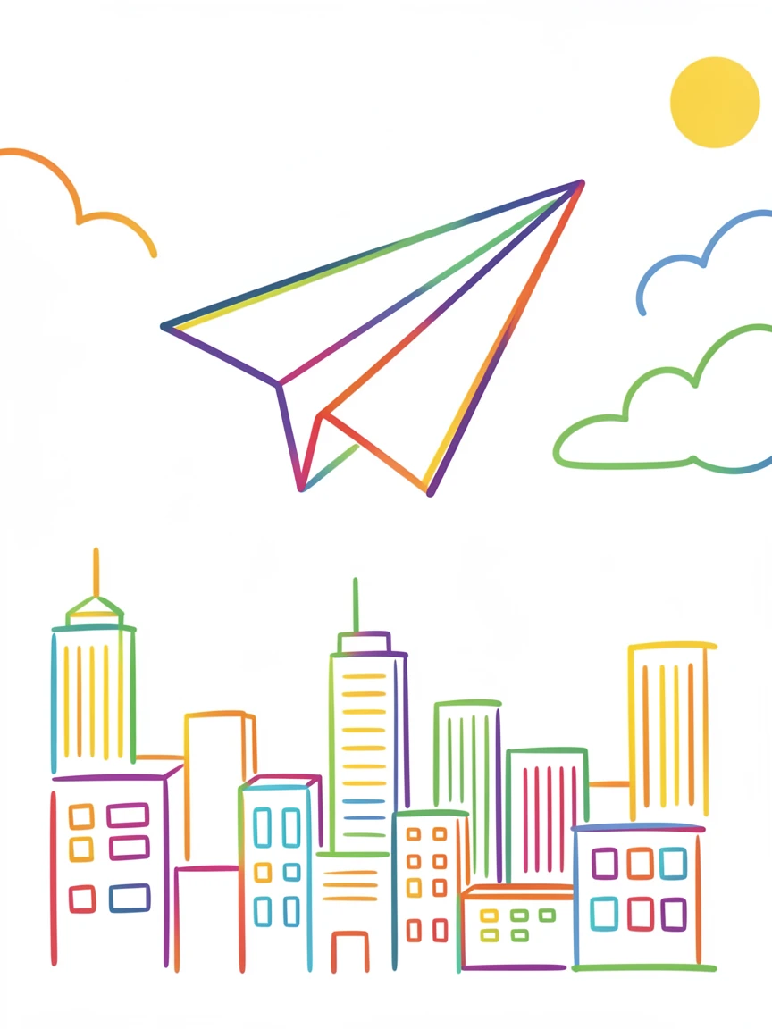A single paper airplane soaring above a sunlit city skyline.
