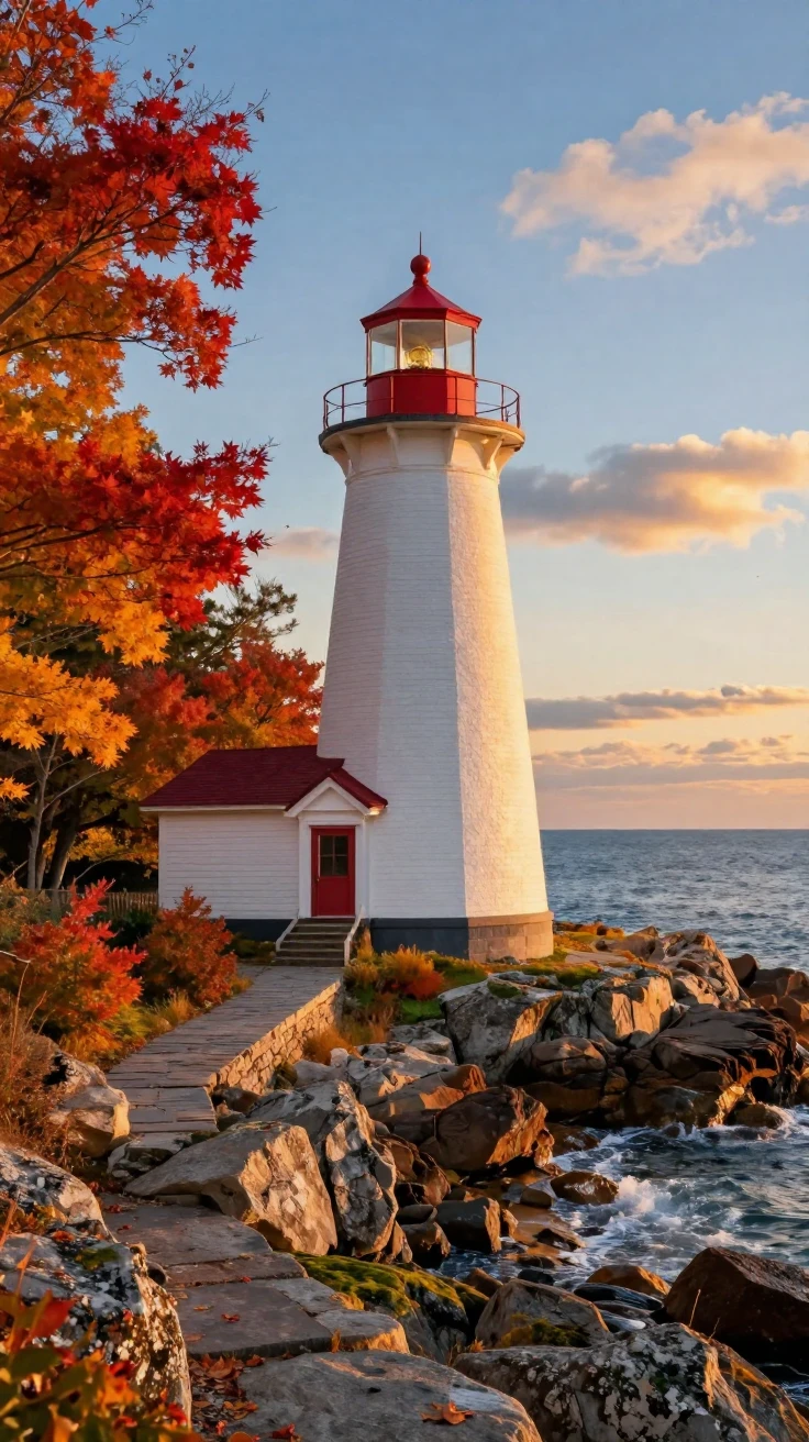 A New England lighthouse surrounded by autumn foliage