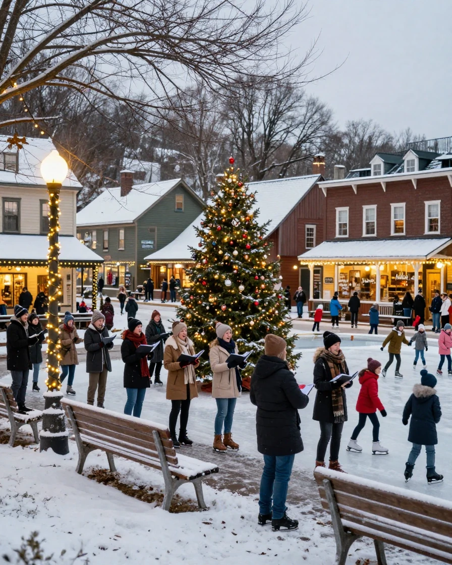 A snow-covered village glows with string lights as carolers gather around a town square tree.