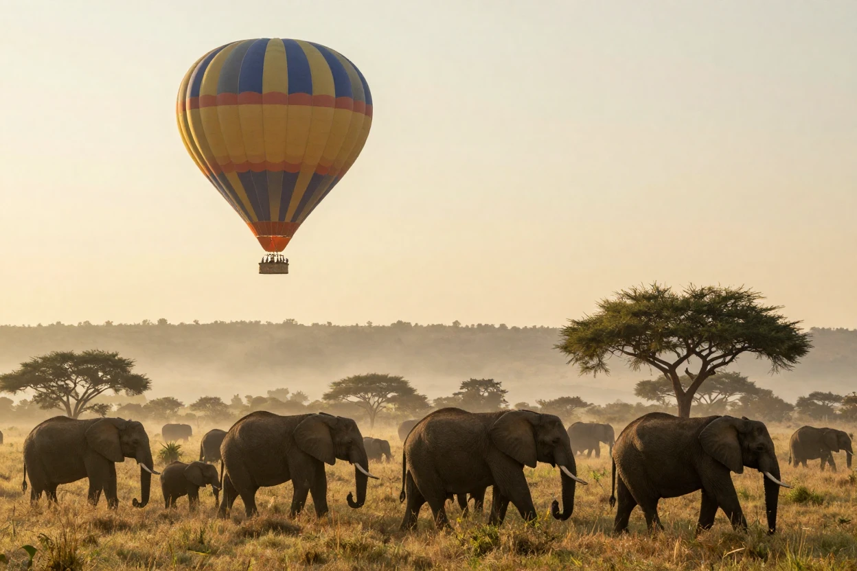 A hot air balloon safari drifting silently over a herd of elephants at dawn