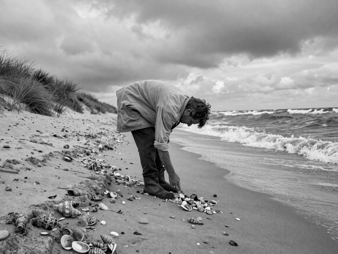 A beachcomber searches the shore for washed-up shells along a windswept coastline.