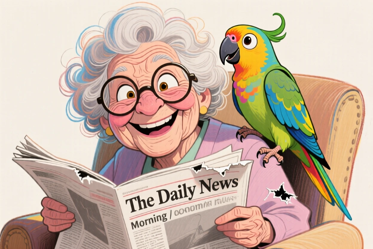 A grandmother's parakeet perched on her shoulder while she reads the morning paper.